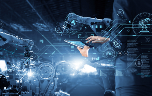 マシーンアームをタブレットで操作する男性